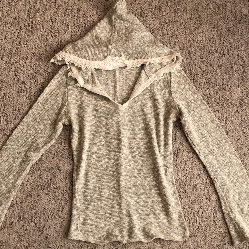 Cotton Knit Hoodie Beige - Lace Trim Long Sleeve S